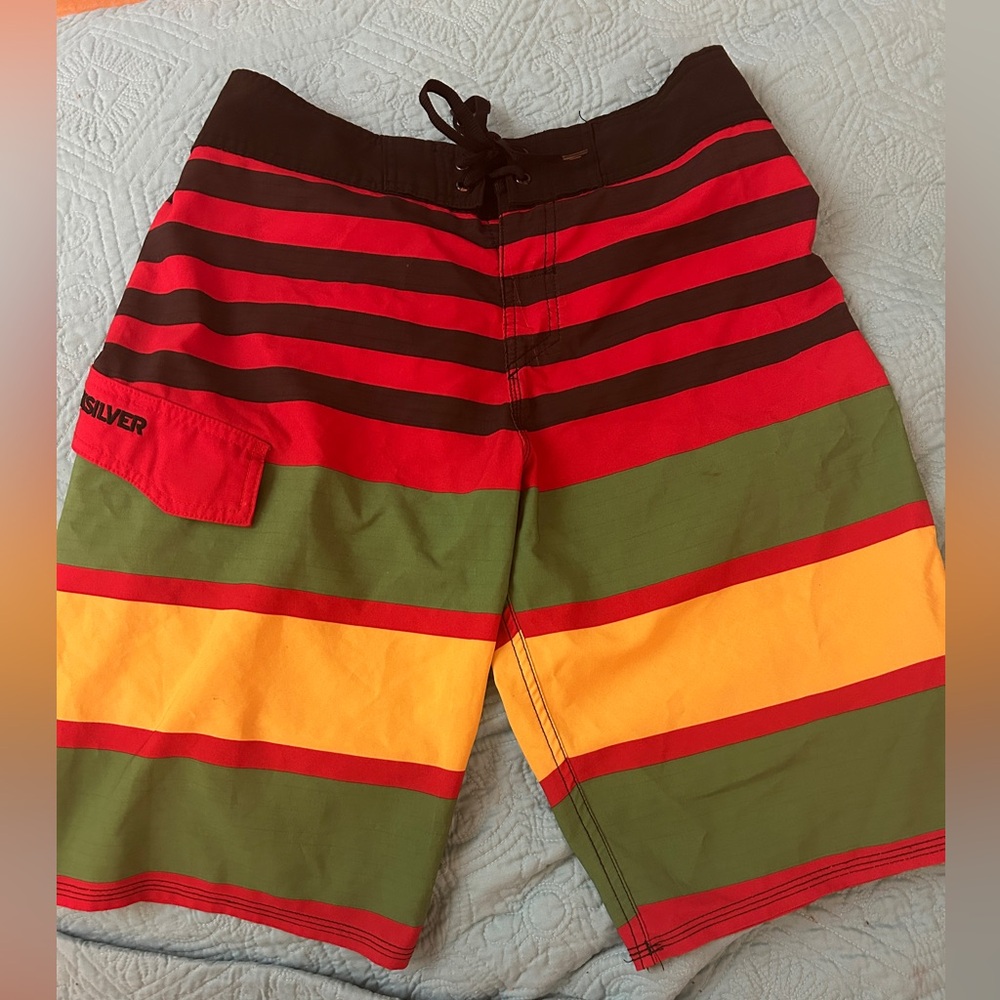 Quiksilver Men’s Red, Green & Yellow Striped Board Shorts 30